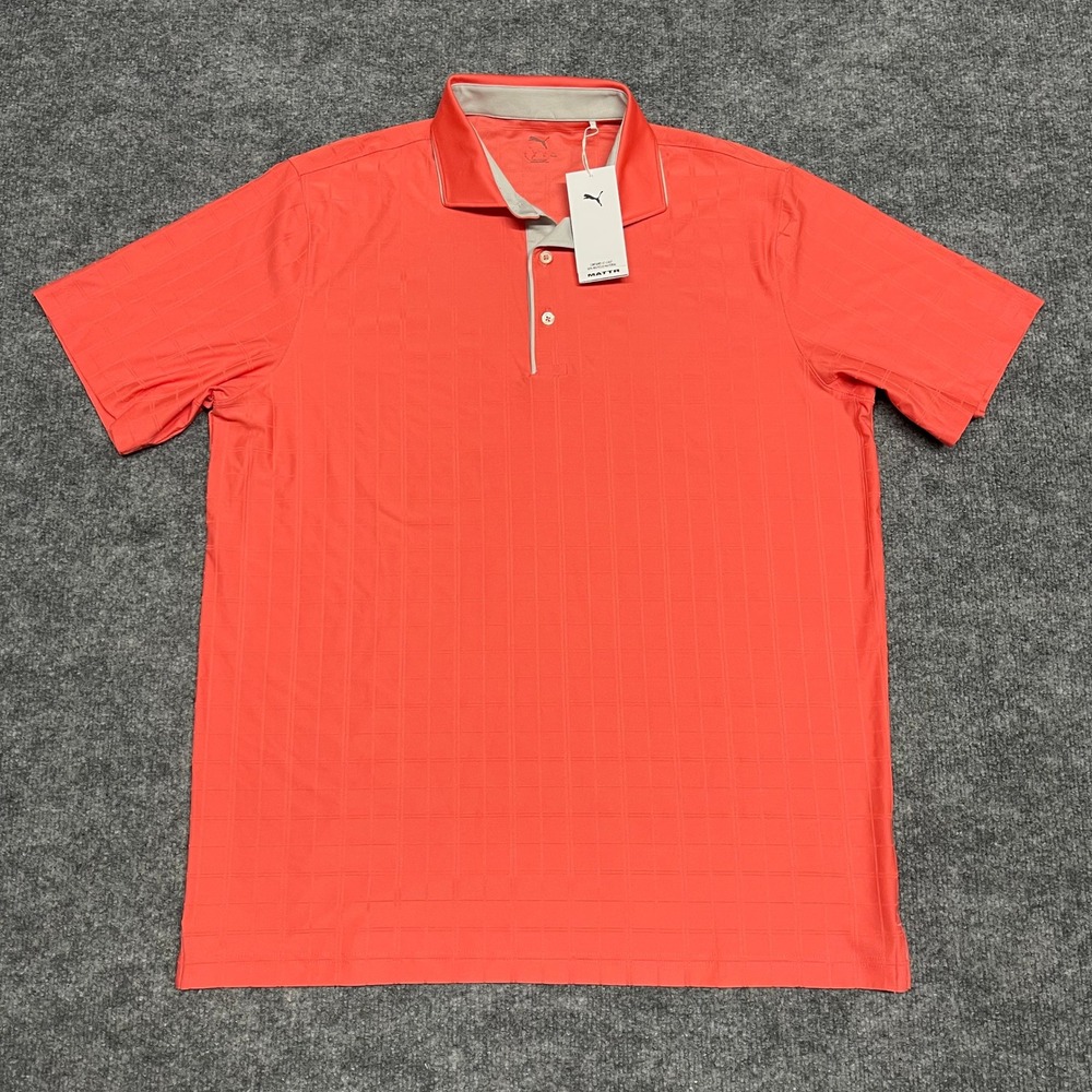 Puma Polo Shirt Mens Large Peach Frost Ash MATTR Stretch Check Golf Performance
